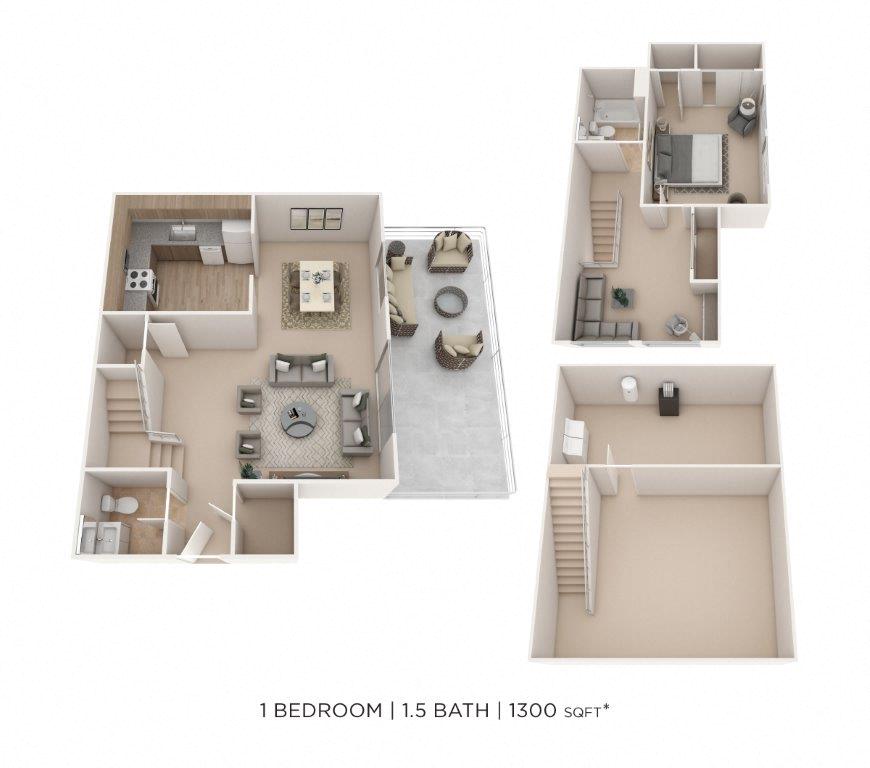 Floor plan for 1 bed, 1.5 baths, 1300 sqft