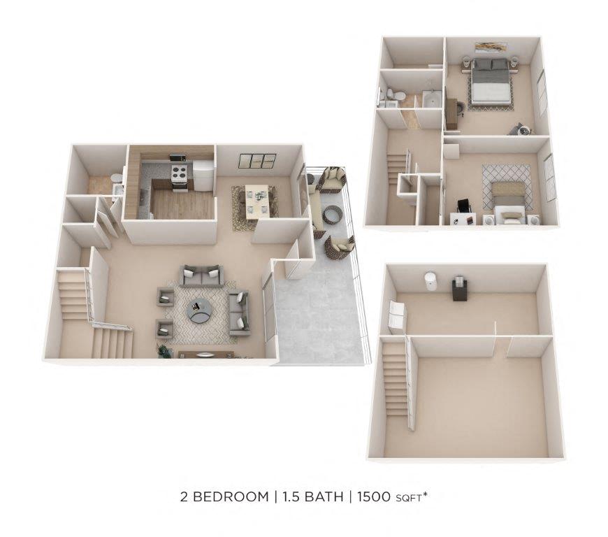 Floor plan for 2 beds, 1.5 baths, 1500 sqft