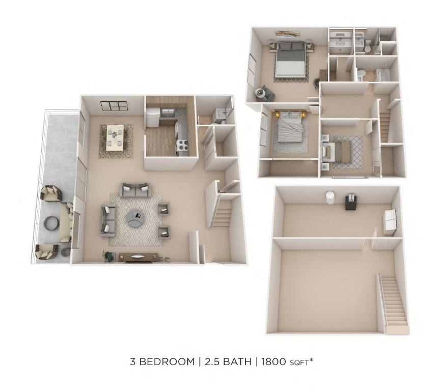 Floor plan for 3 beds, 2.5 baths, 1800 sqft