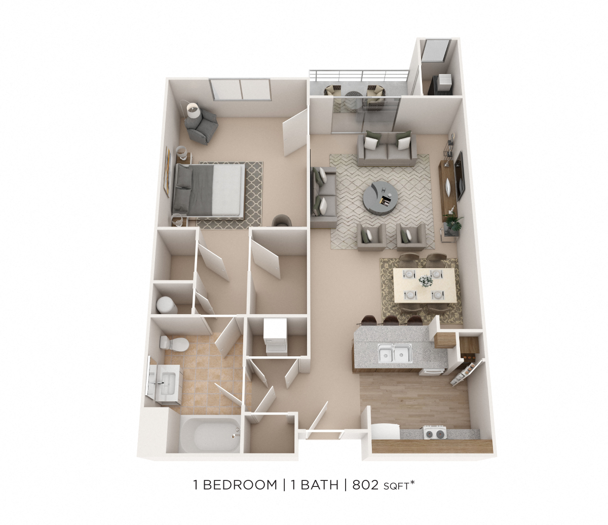 Floor plan for 1 bed, 1 bath, 802 sqft