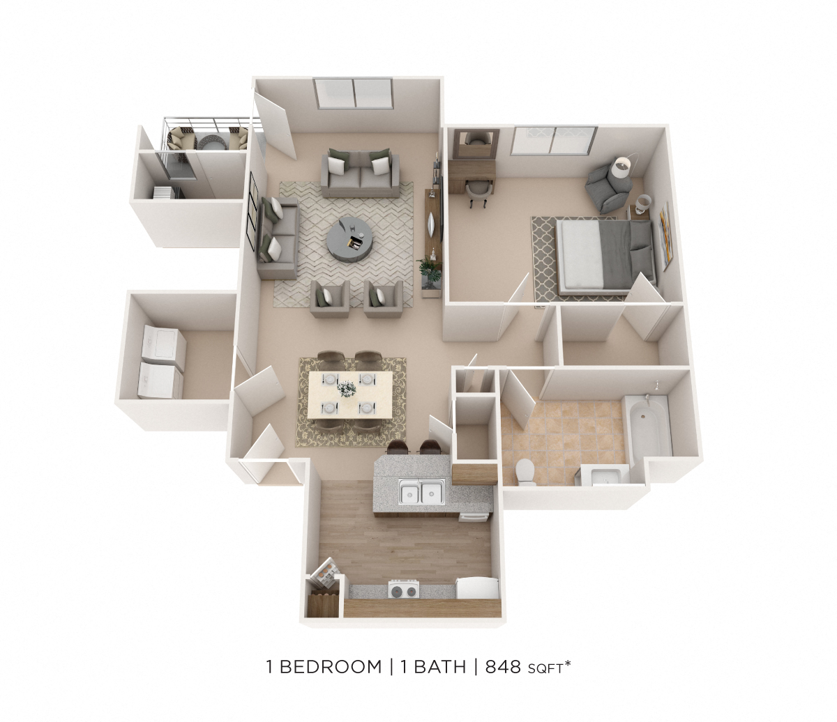 Floor plan for 1 bed, 1 bath, 848 sqft