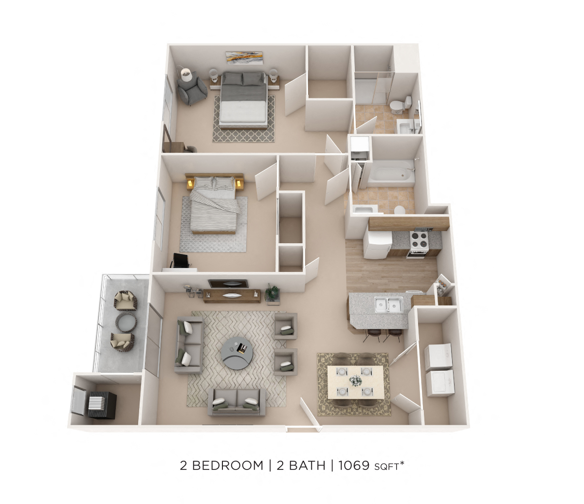 Floor plan for 2 beds, 2 baths, 1069 sqft