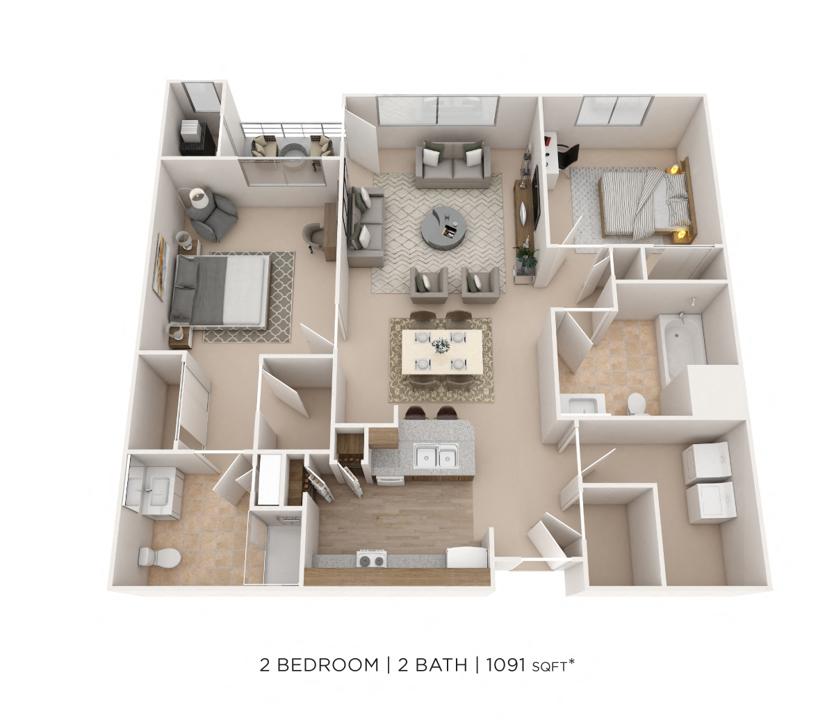 Floor plan for 2 beds, 2 baths, 1091 sqft