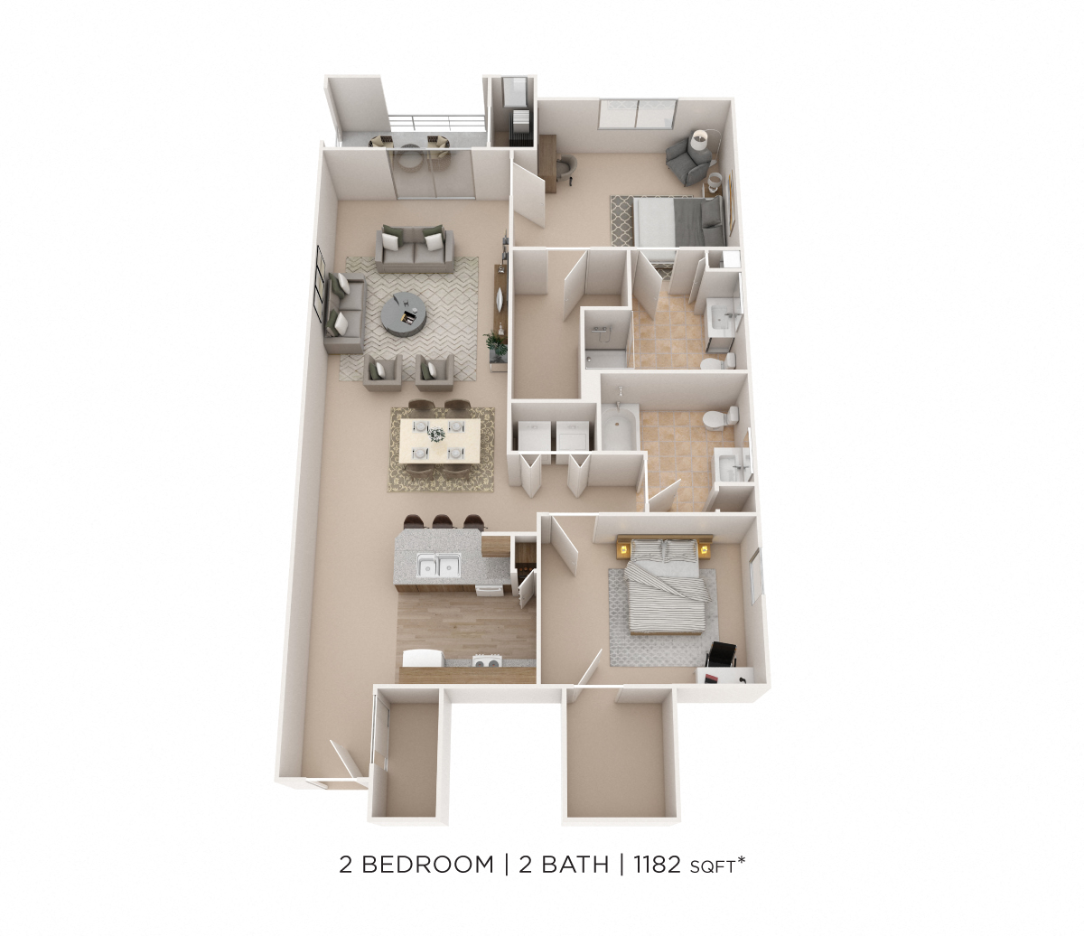 Floor plan for 2 beds, 2 baths, 1182 sqft