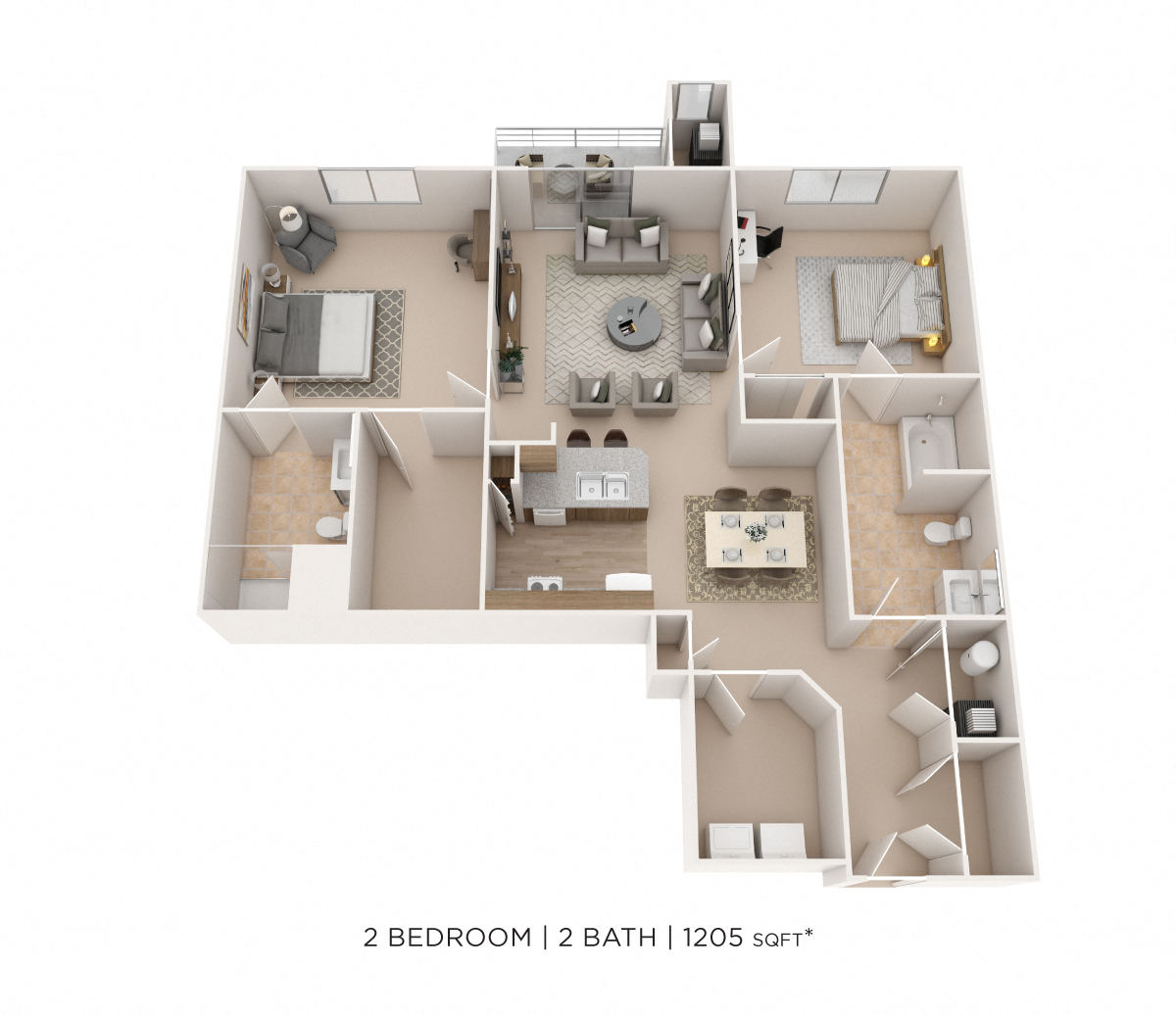 Floor plan for 2 beds, 2 baths, 1205 sqft