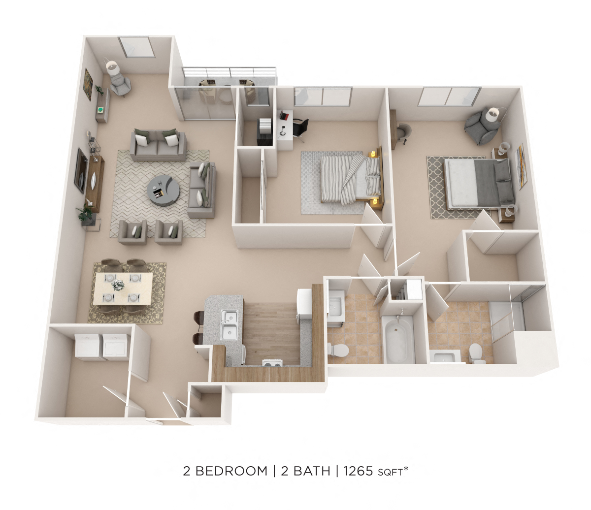 Floor plan for 2 beds, 2 baths, 1265 sqft