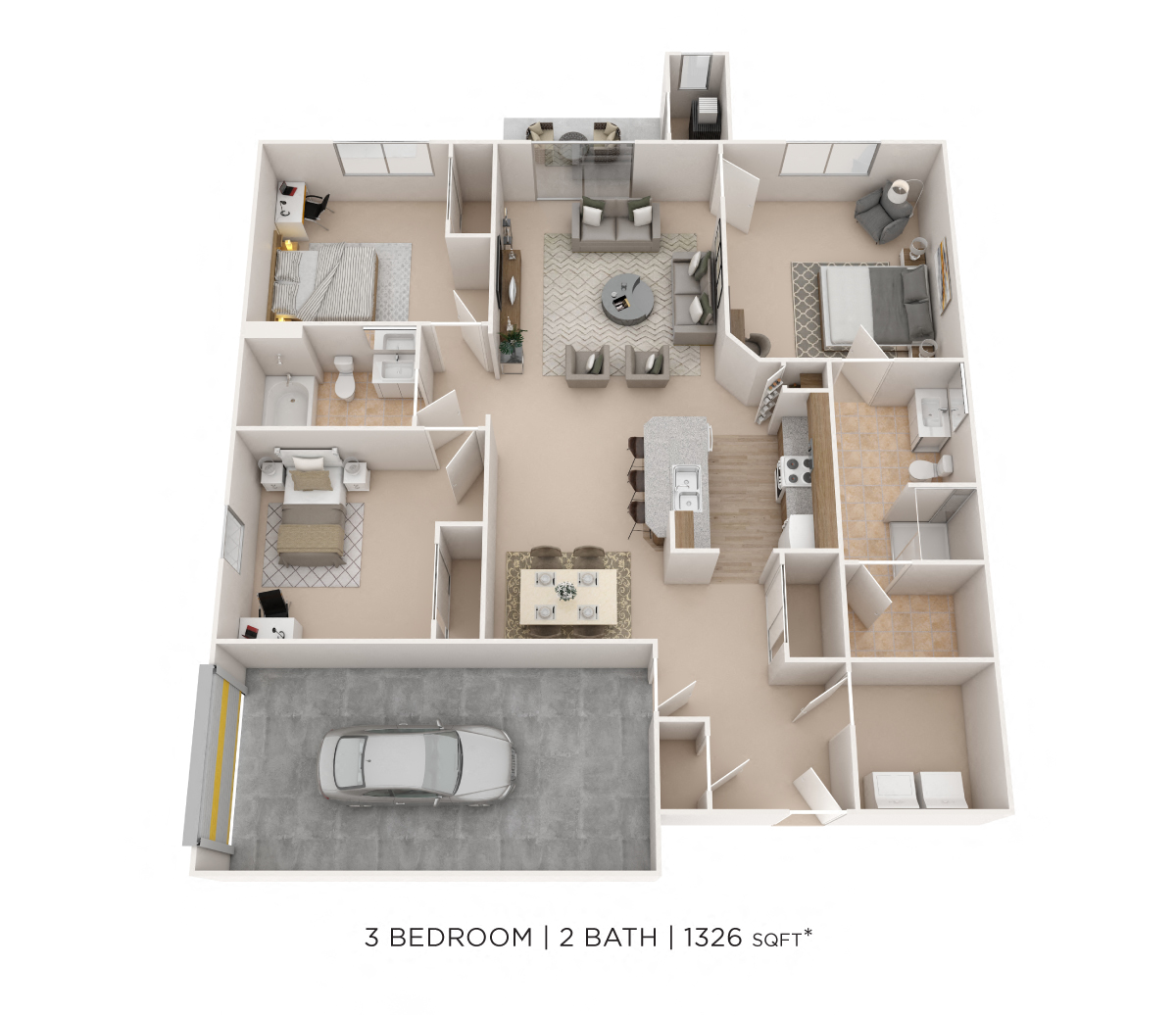 Floor plan for 3 beds, 2 baths, 1326 sqft