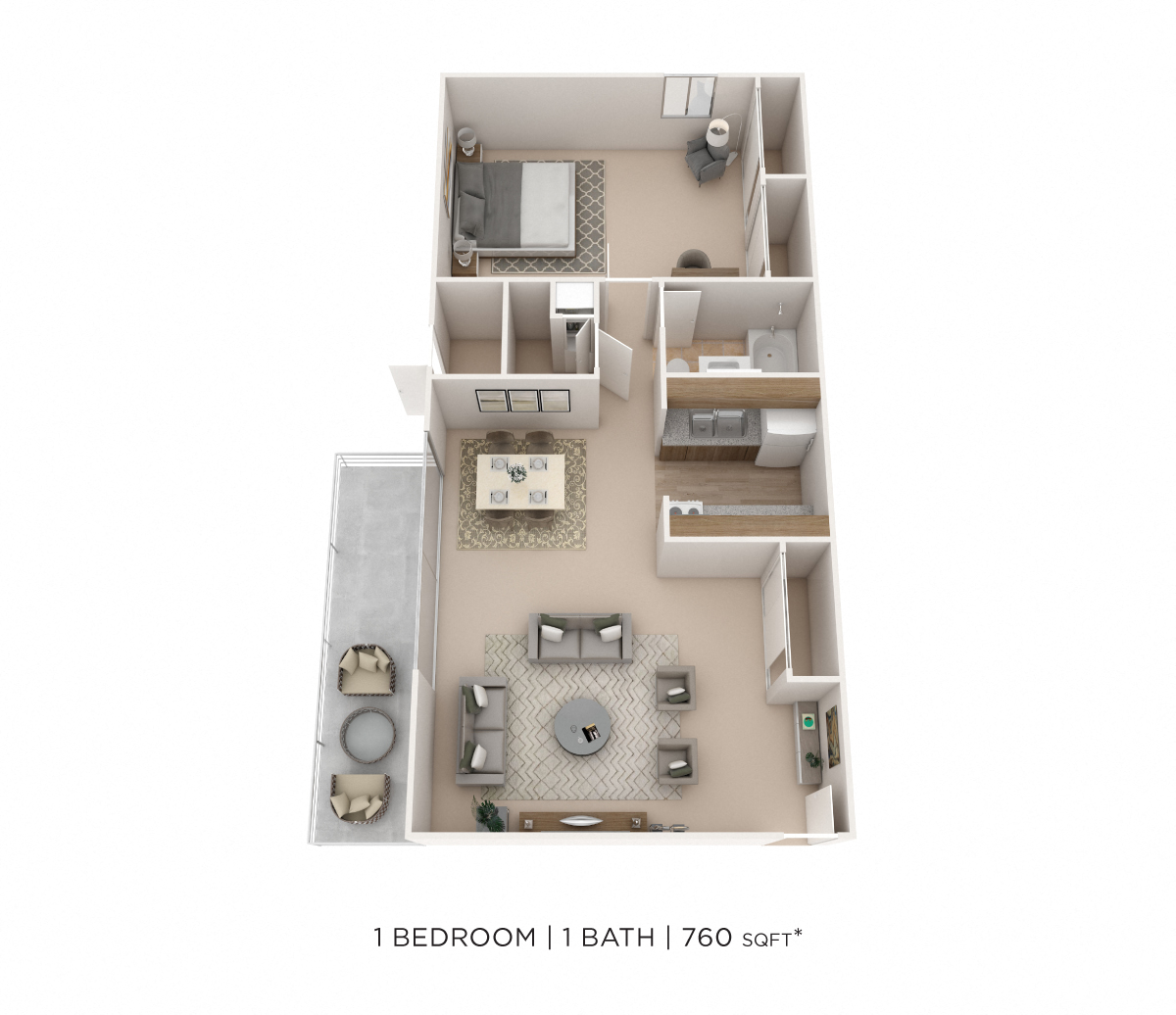 Floor plan for 1 bed, 1 bath, 760 sqft