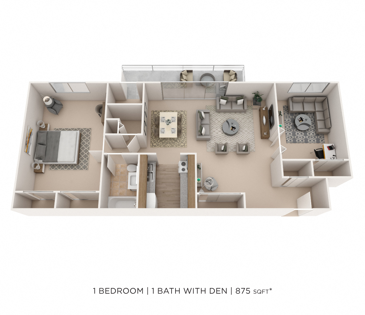 Floor plan for 1 bed, 1 bath, 875 sqft