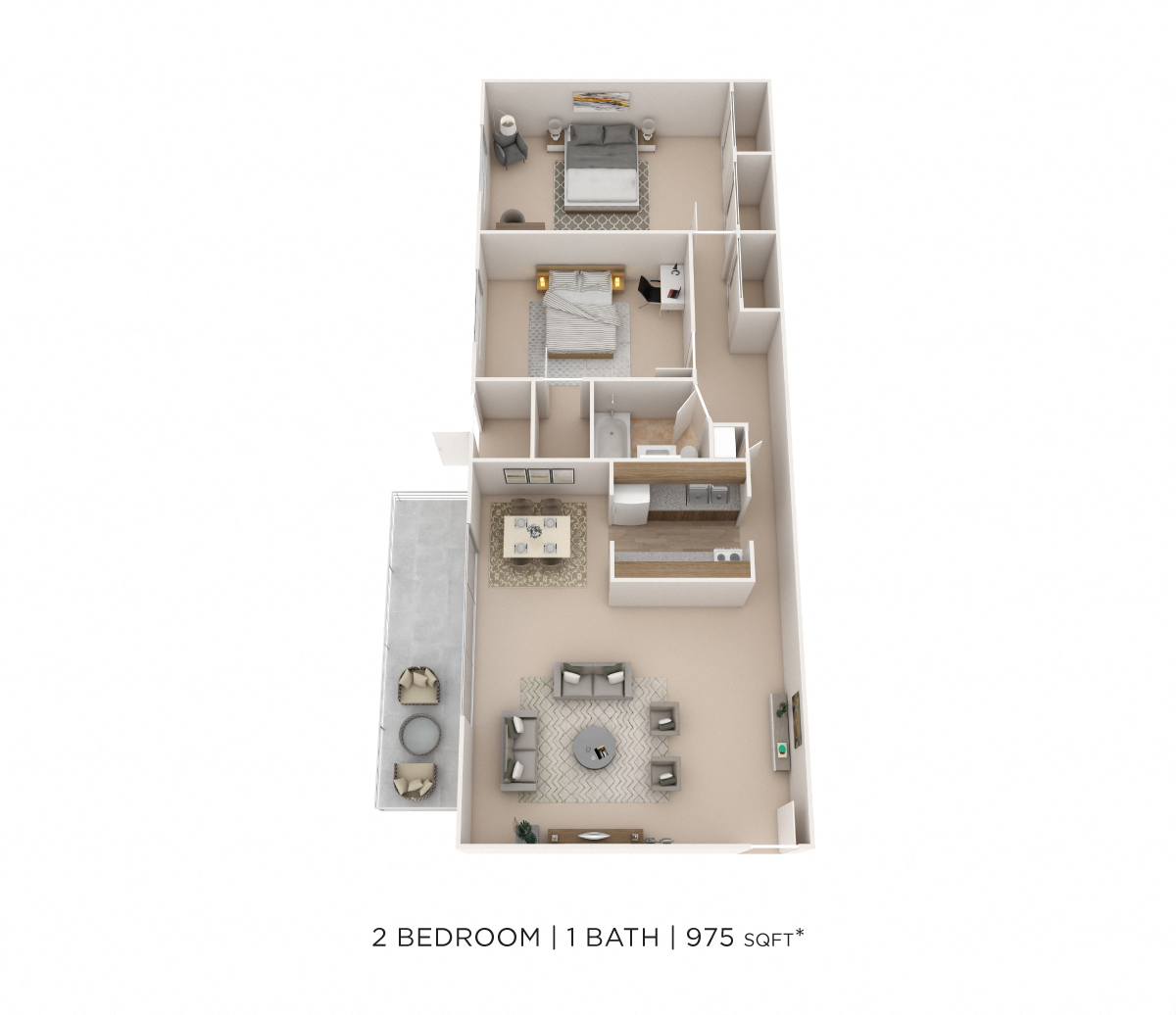 Floor plan for 2 beds, 1 bath, 975 sqft