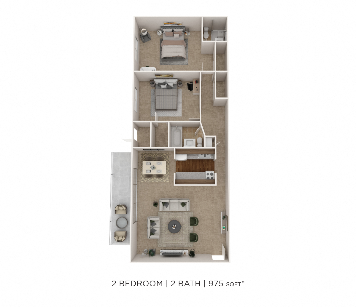 Floor plan for 2 beds, 2 baths, 975 sqft