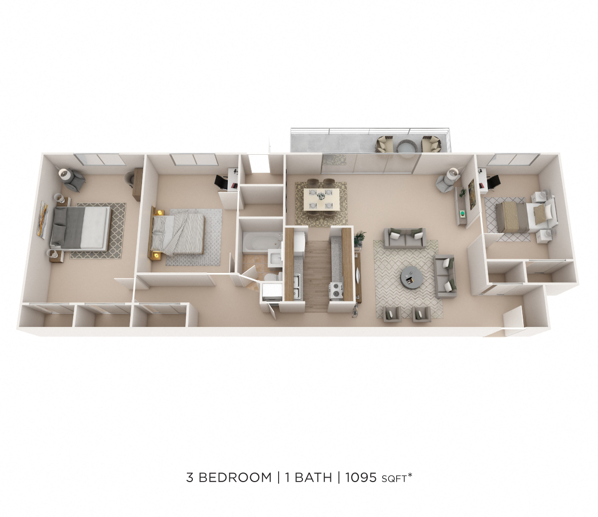 Floor plan for 3 beds, 1 bath, 1095 sqft