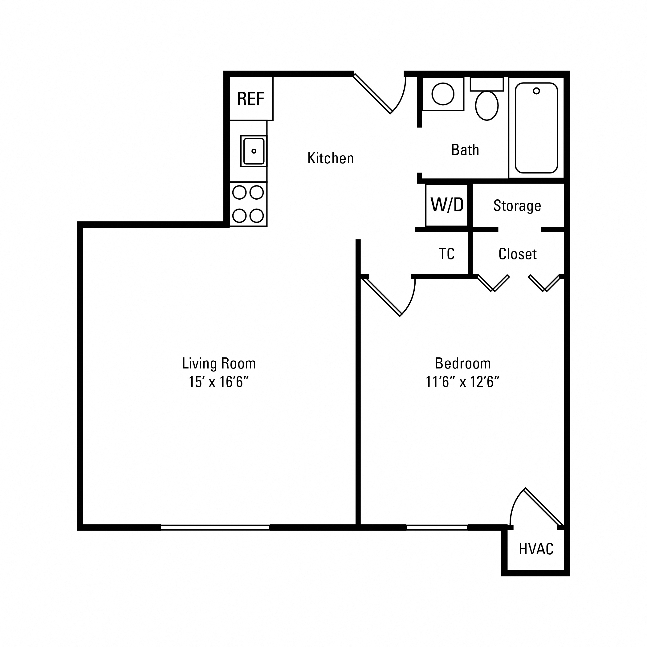 Floor plan for 1 bed, 1 bath, 570 sqft