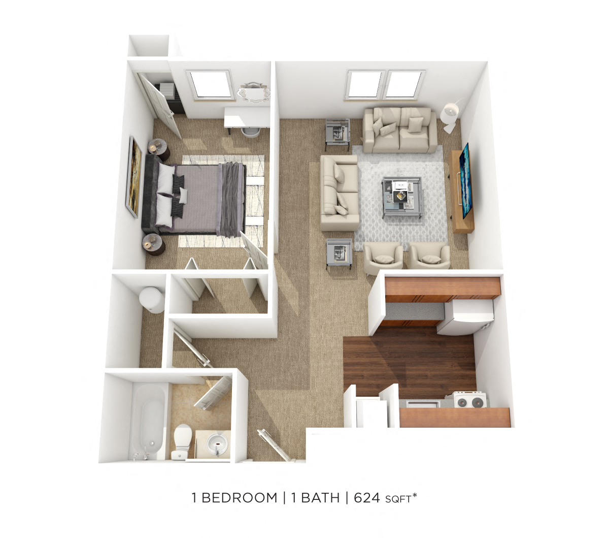 Floor plan for 1 bed, 1 bath, 624 sqft