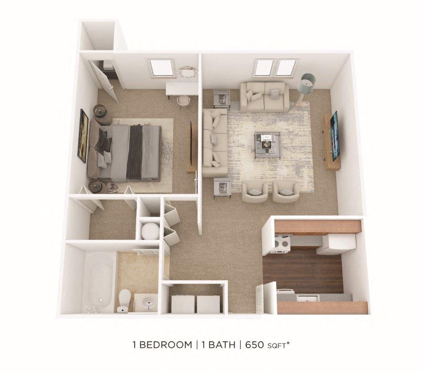 Floor plan for 1 bed, 1 bath, 650 sqft