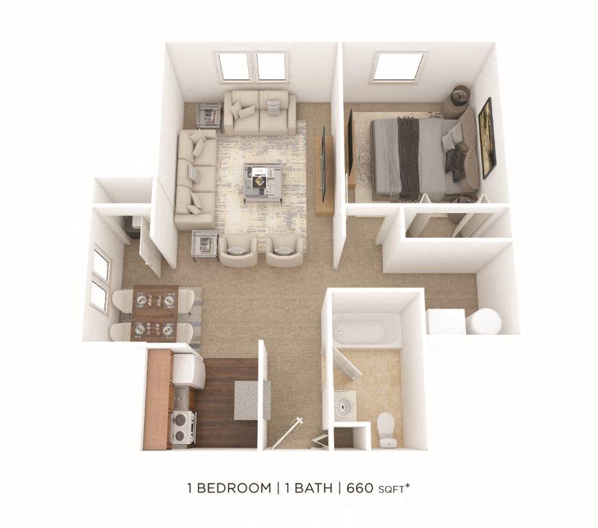 Floor plan for 1 bed, 1 bath, 660 sqft