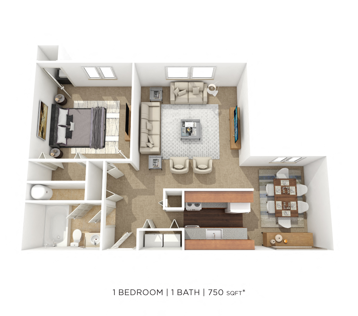Floor plan for 1 bed, 1 bath, 750 sqft