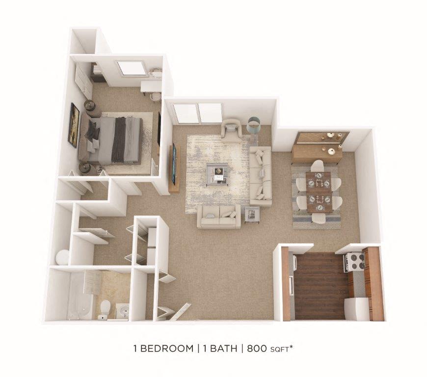 Floor plan for 1 bed, 1 bath, 800 sqft