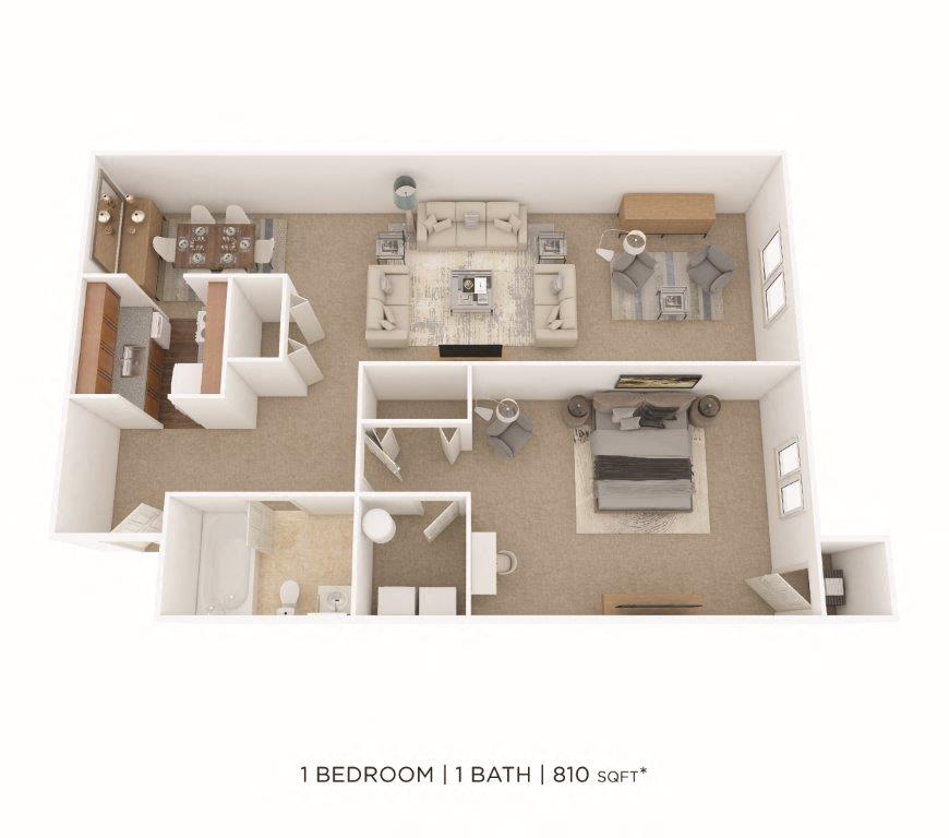 Floor plan for 1 bed, 1 bath, 810 sqft