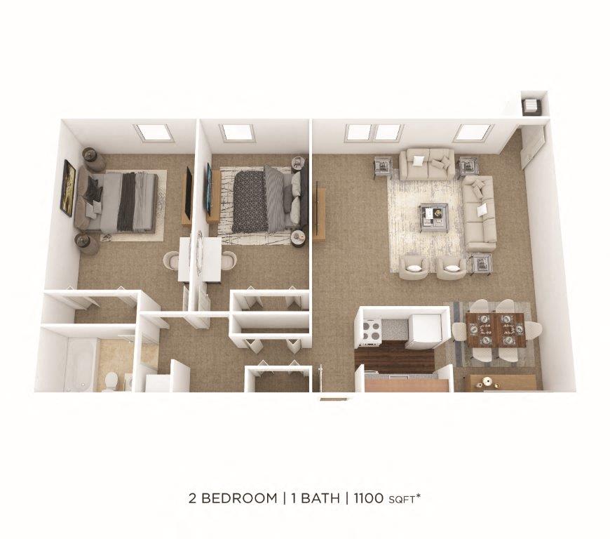 Floor plan for 2 beds, 1 bath, 1100 sqft