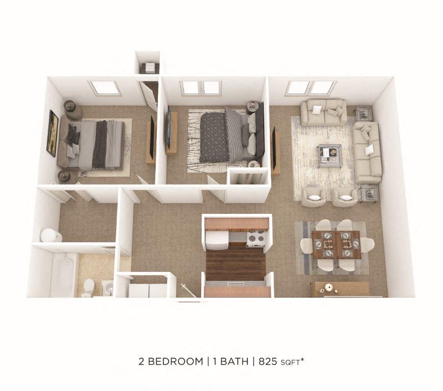 Floor plan for 2 beds, 1 bath, 825 sqft
