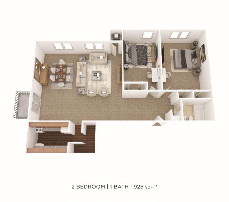 Floor plan for 2 beds, 1 bath, 925 sqft
