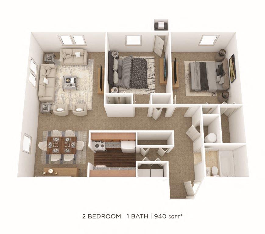 Floor plan for 2 beds, 1 bath, 940 sqft