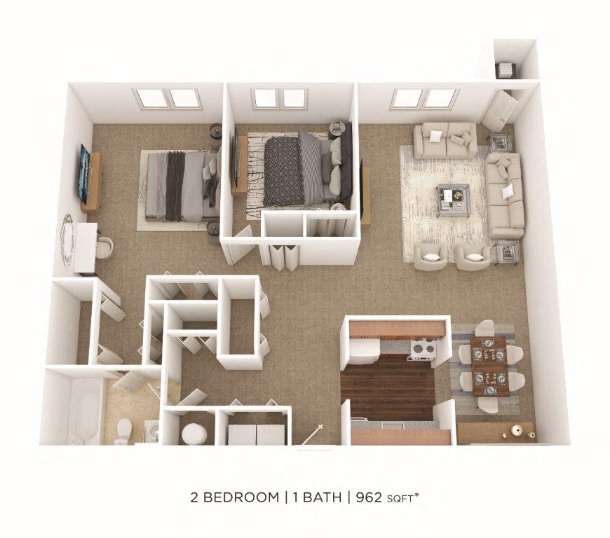 Floor plan for 2 beds, 1 bath, 962 sqft