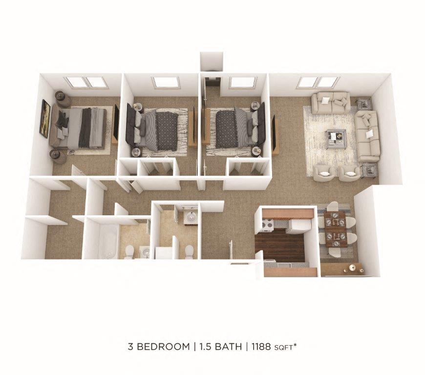 Floor plan for 3 beds, 1.5 baths, 1188 sqft