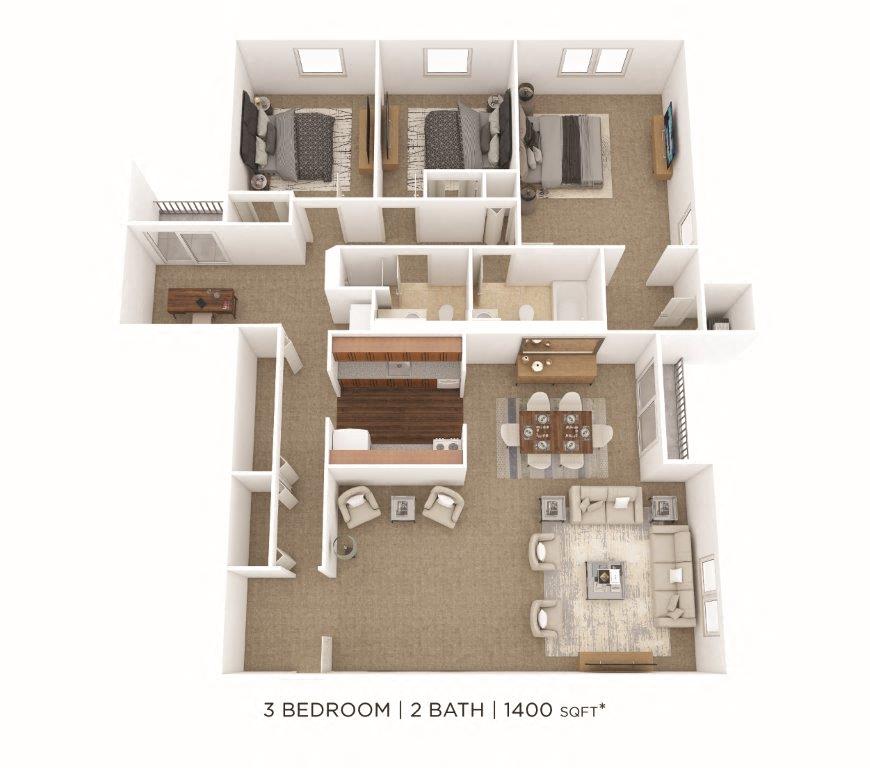 Floor plan for 3 beds, 2 baths, 1400 sqft