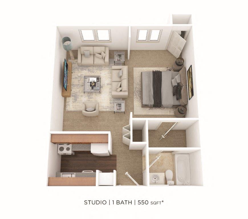 Floor plan for 1 bed, 1 bath, 550 sqft