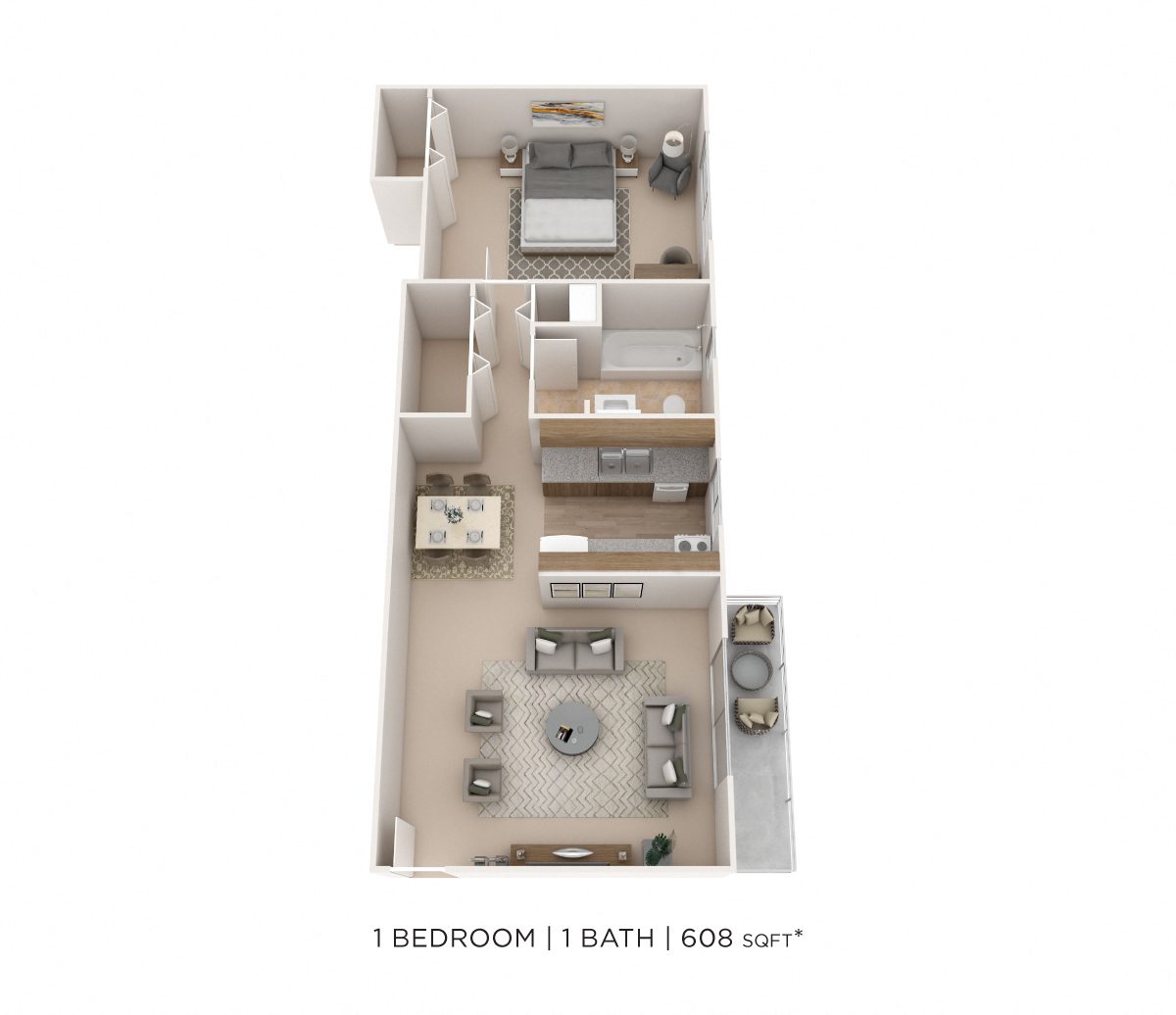 Floor plan for 1 bed, 1 bath, 608 sqft