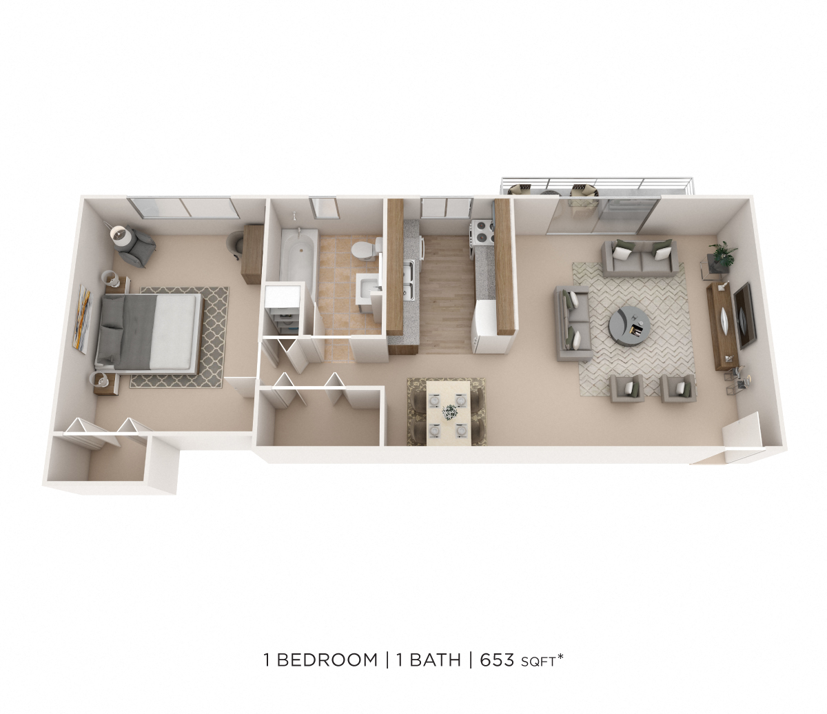 Floor plan for 1 bed, 1 bath, 653 sqft