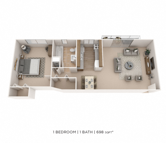Floor plan for 1 bed, 1 bath, 698 sqft