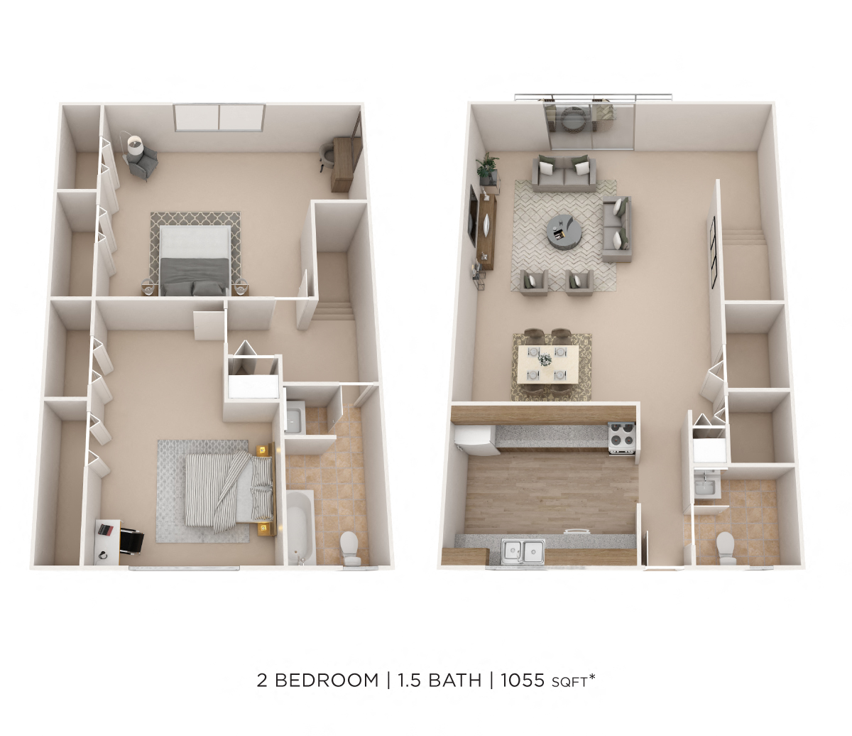 Floor plan for 2 beds, 1.5 baths, 1055 sqft