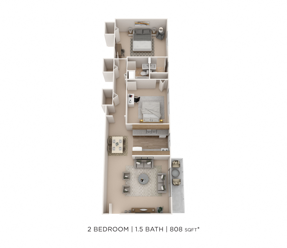 Floor plan for 2 beds, 1.5 baths, 808 sqft