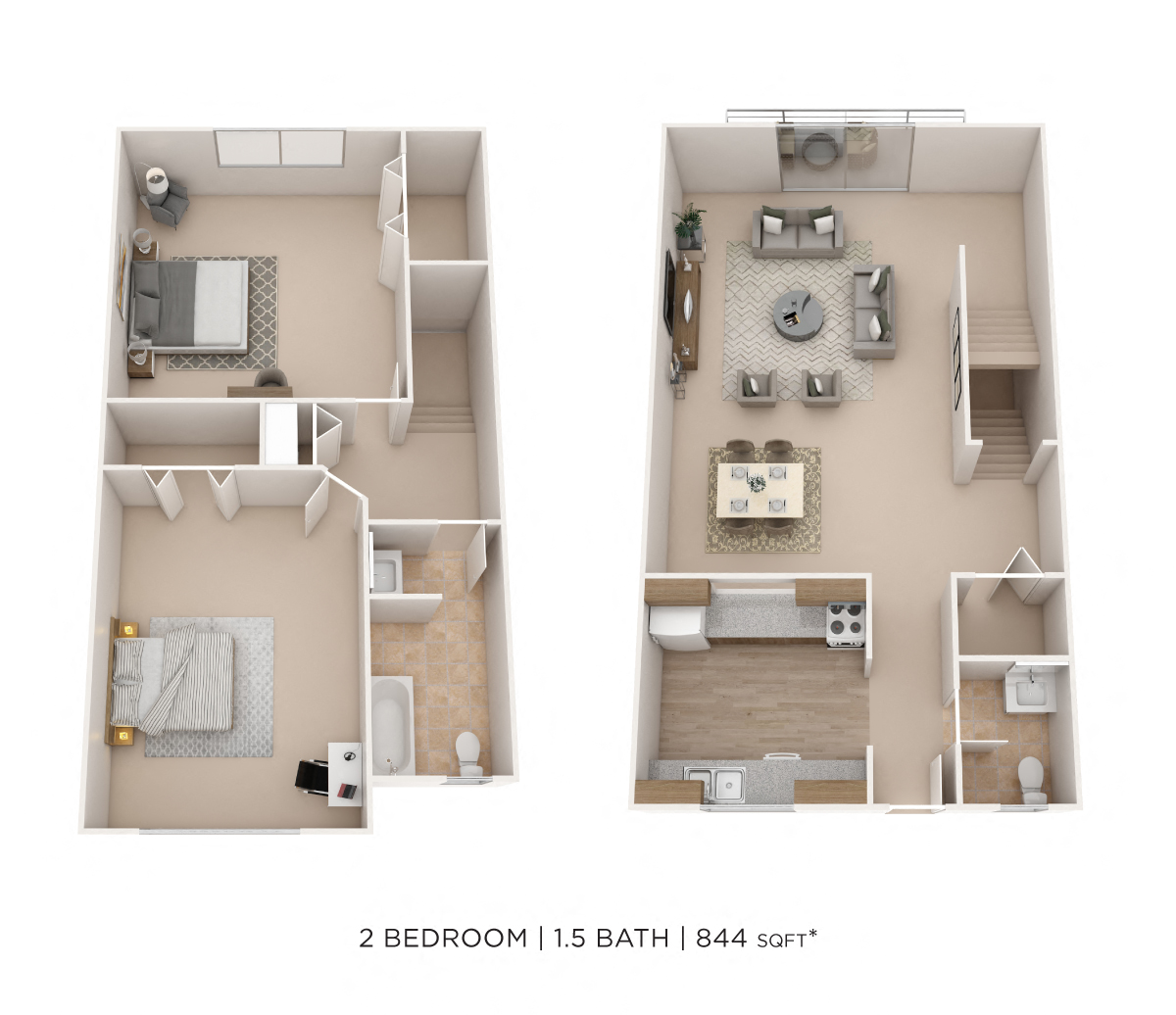 Floor plan for 2 beds, 1.5 baths, 844 sqft