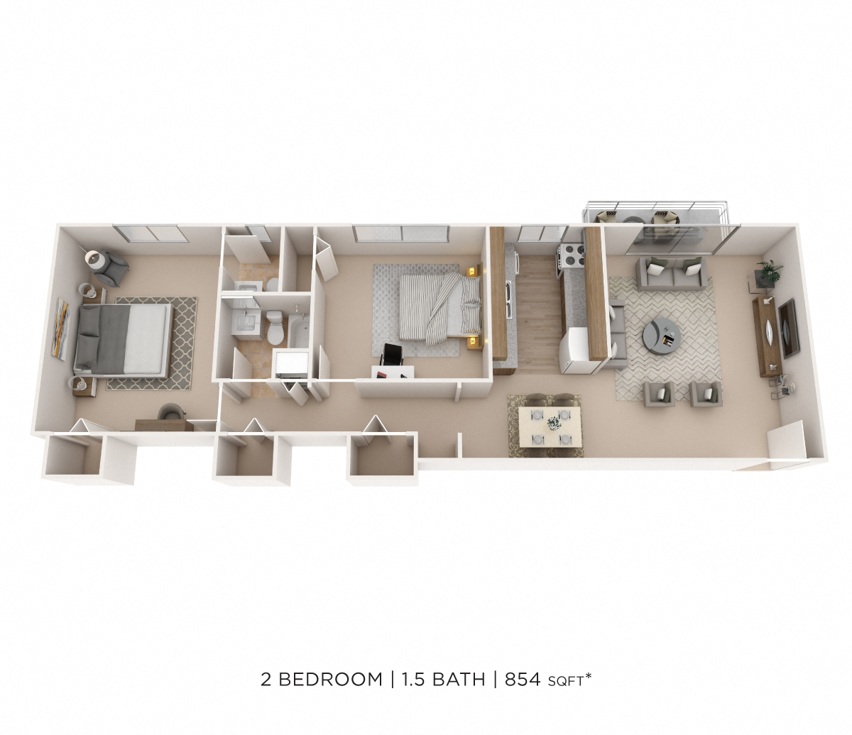 Floor plan for 2 beds, 1.5 baths, 854 sqft