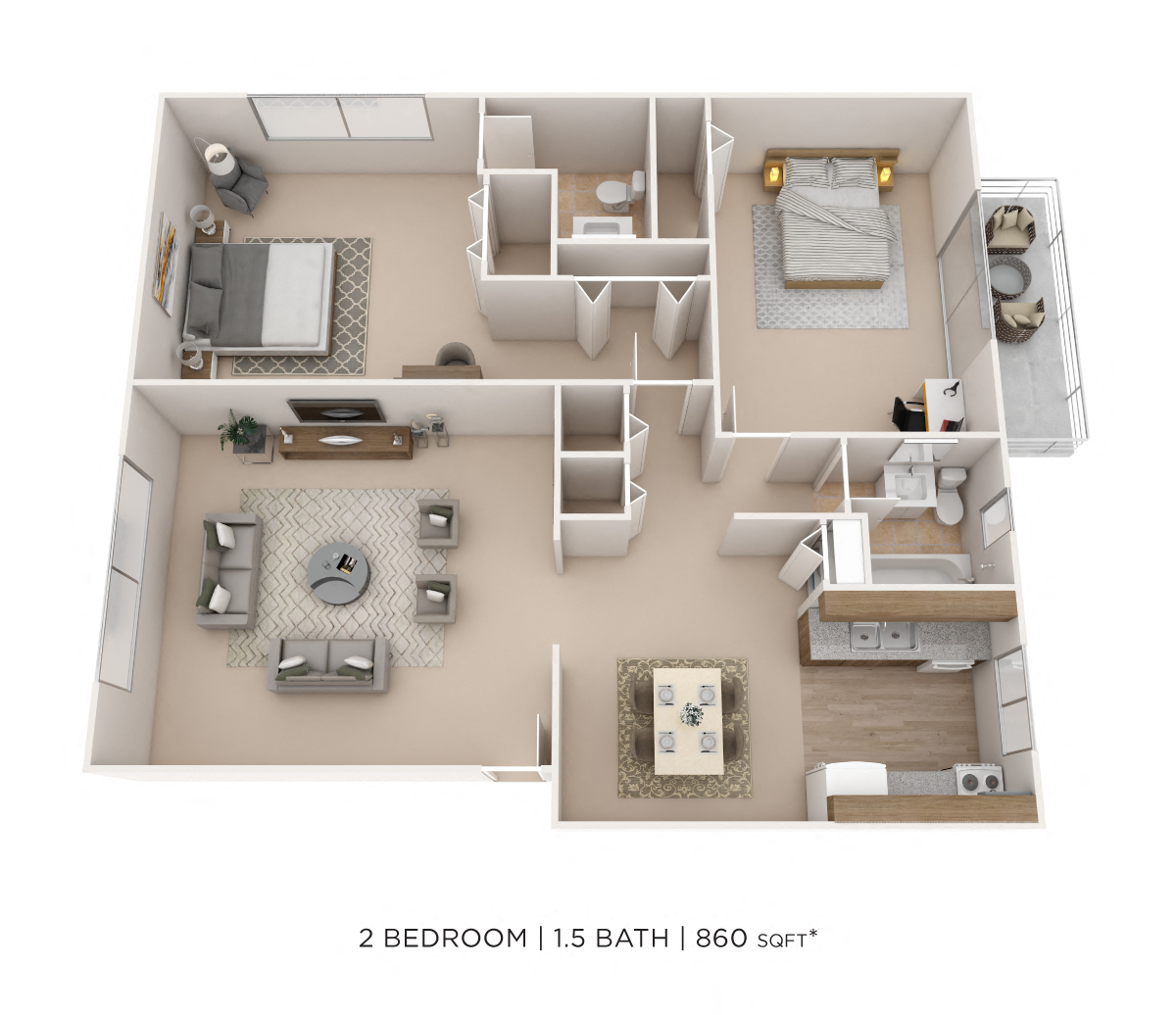 Floor plan for 2 beds, 1.5 baths, 860 sqft