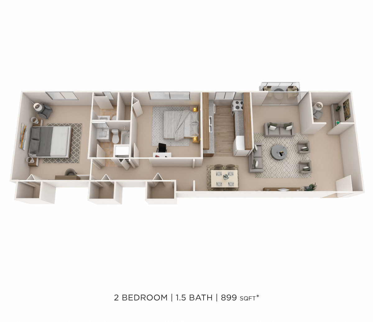 Floor plan for 2 beds, 1.5 baths, 899 sqft