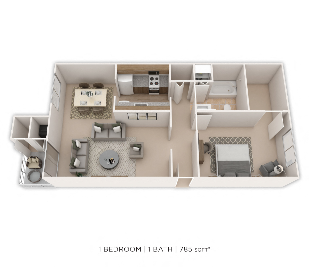 Floor plan for 1 bed, 1 bath, 785 sqft