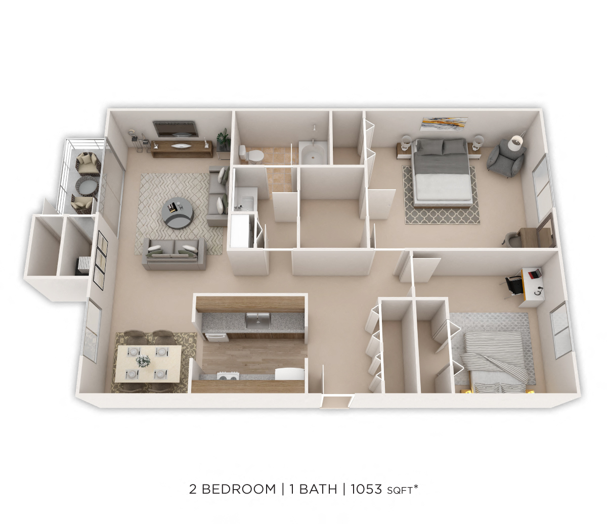 Floor plan for 2 beds, 1 bath, 1053 sqft