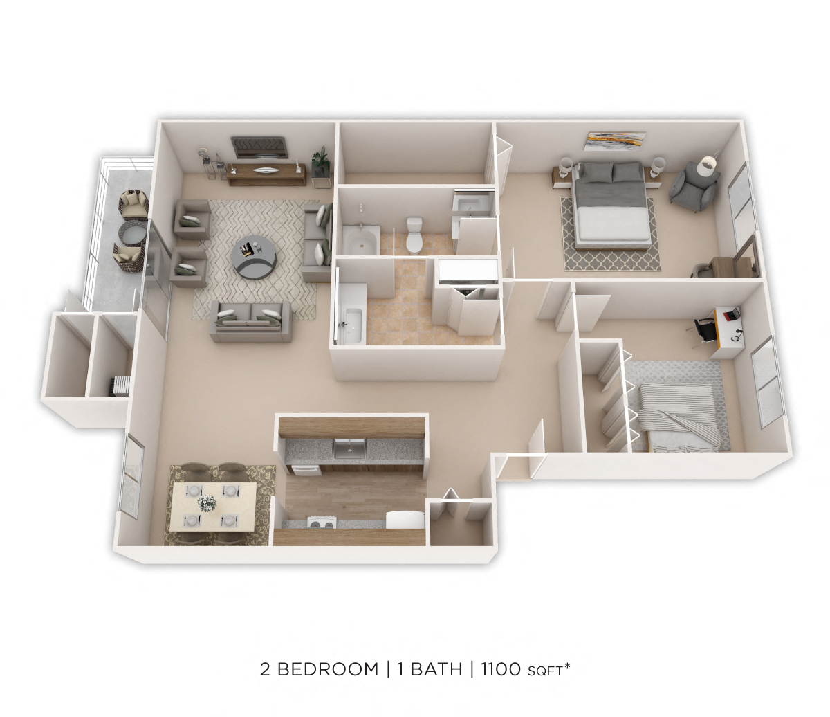 Floor plan for 2 beds, 1 bath, 1100 sqft