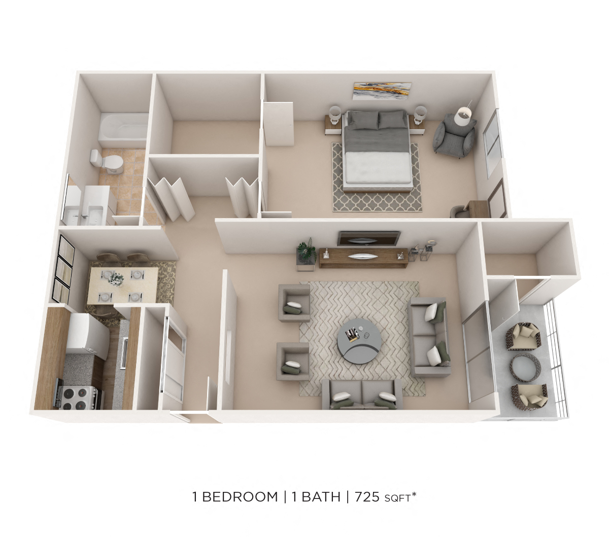 Floor plan for 1 bed, 1 bath, 725 sqft