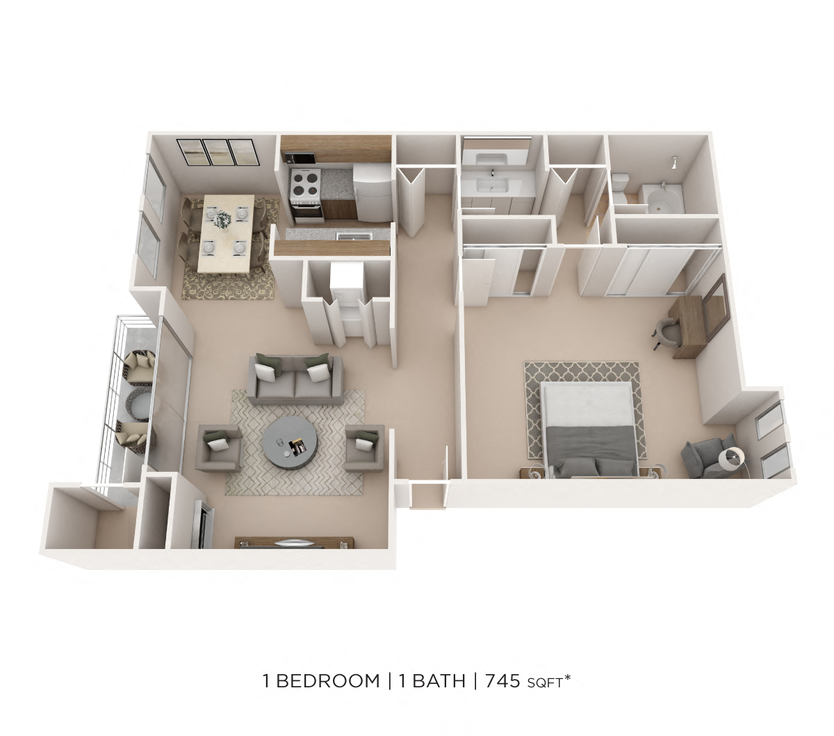 Floor plan for 1 bed, 1 bath, 745 sqft