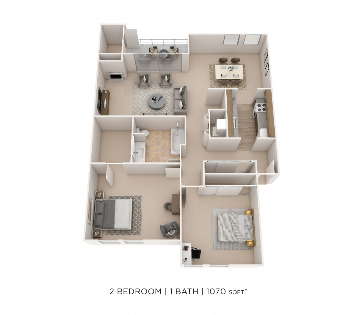 Floor plan for 2 beds, 1 bath, 1070 sqft