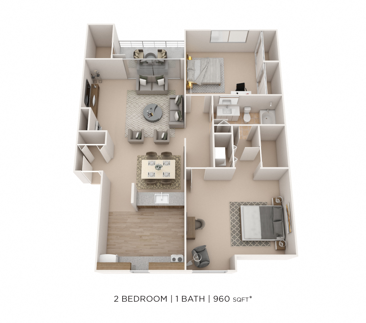 Floor plan for 2 beds, 1 bath, 960 sqft