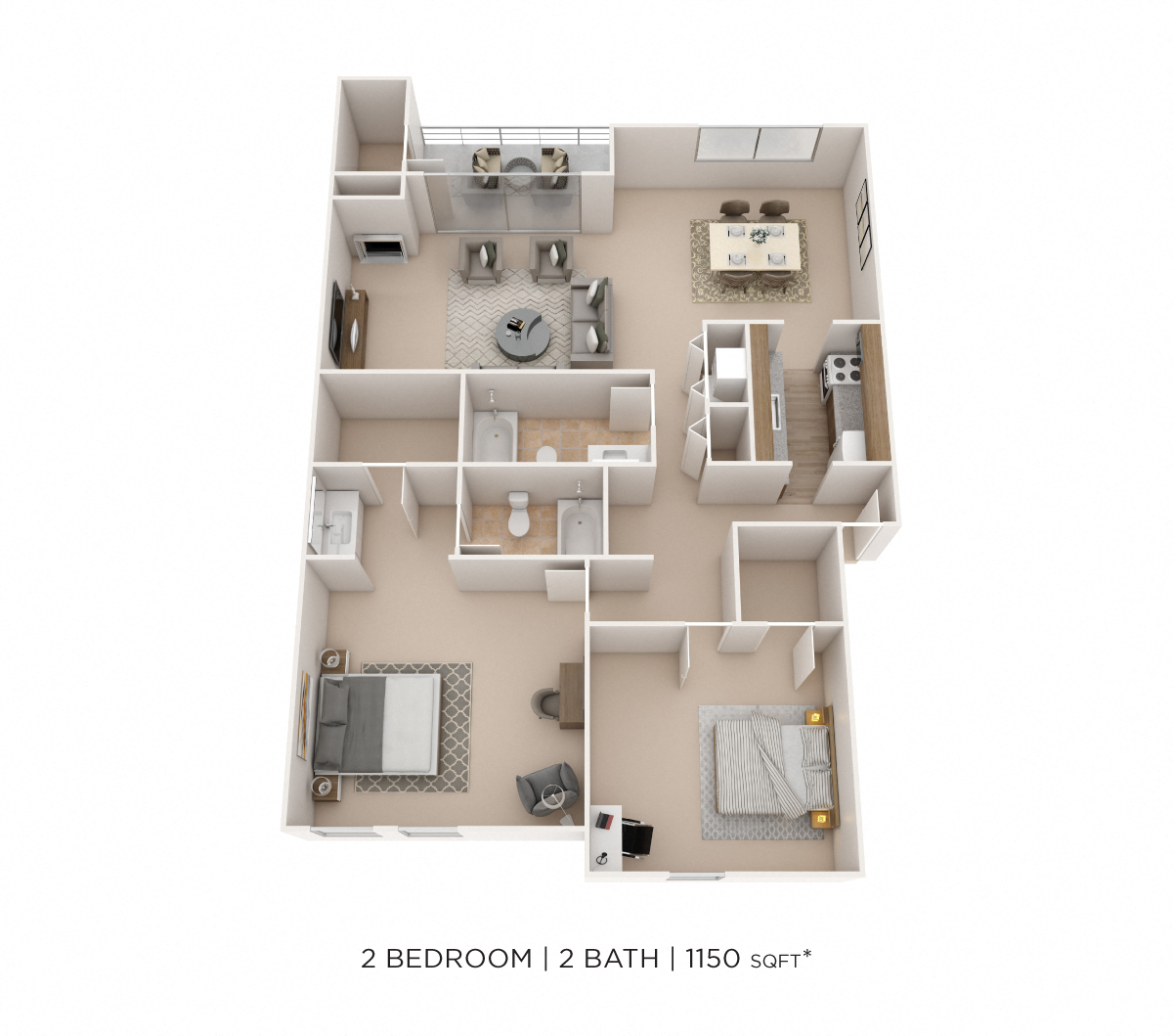 Floor plan for 2 beds, 2 baths, 1150 sqft