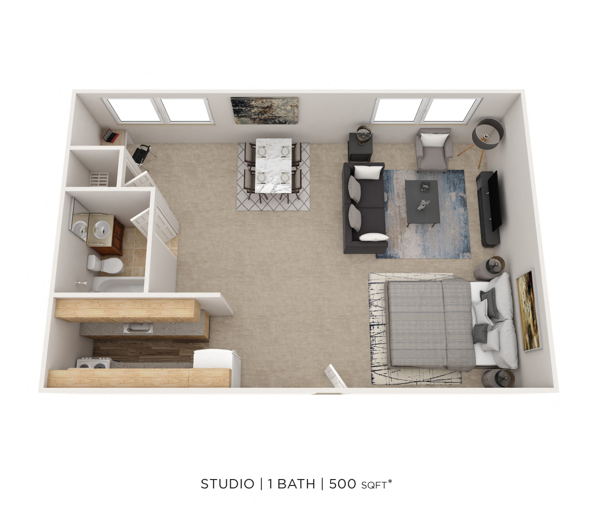 Floor plan for studio, 1 bath, 500 sqft