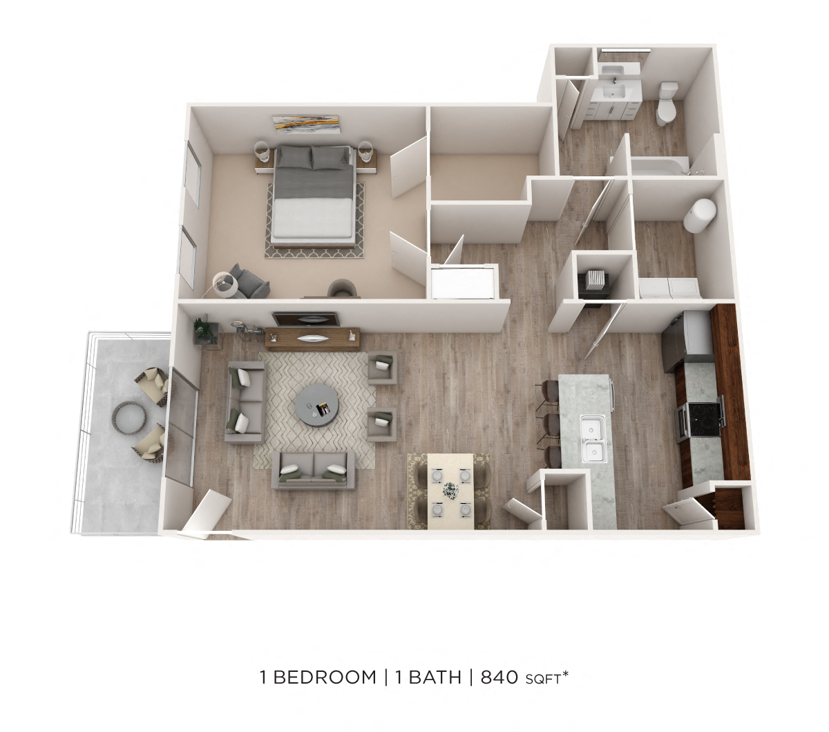 Floor plan for 1 bed, 1 bath, 840 sqft